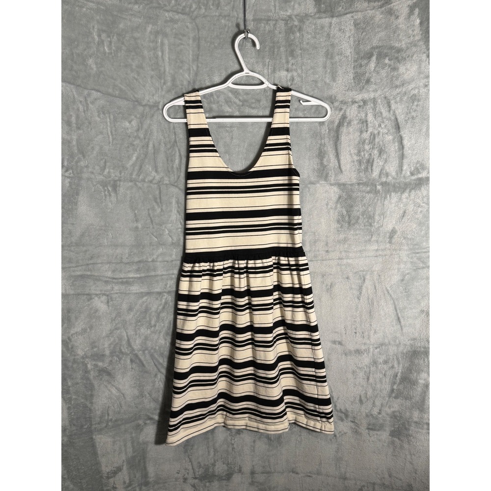 J.Crew Women Ivory black striped V-Neck Knit Fit Flare Dress Small cotton blend